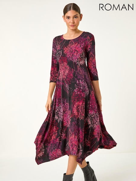 Roman Red Foliage Hanky Hem Midi Dress (V31568) | €69