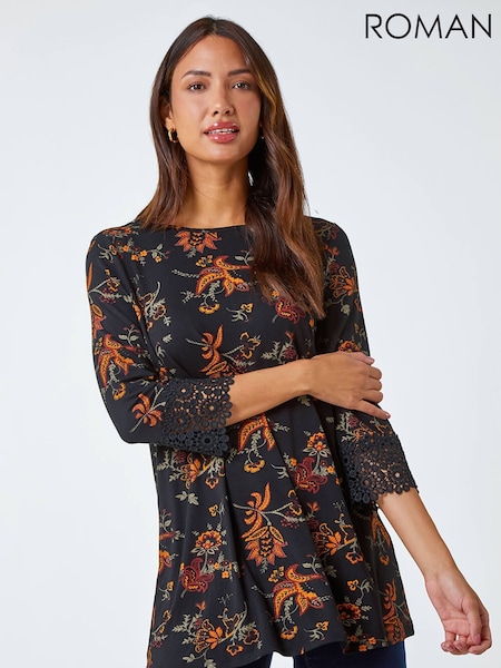 Roman Yellow Paisley Print Lace Trim Stretch Blouse (V31573) | R$ 435