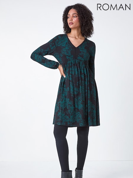 Roman Green Floral Contrast Trim Stretch Dress (V31587) | €64
