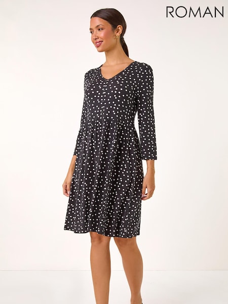 Roman Black Spot Print Button Detail V-Neck Dress (V31592) | R$ 545