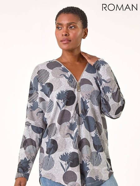 Roman Grey Spot Print V-Neck Zip Front Stretch Blouse (V31606) | €42