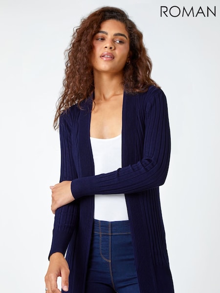 Roman Blue Longline Stretch Ribbed Cardigan (V31637) | €51