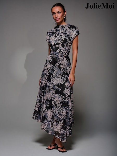 črna - Jolie Moi Asymmetrical Draped Slash Neck Midaxi Dress (V31975) | € 99