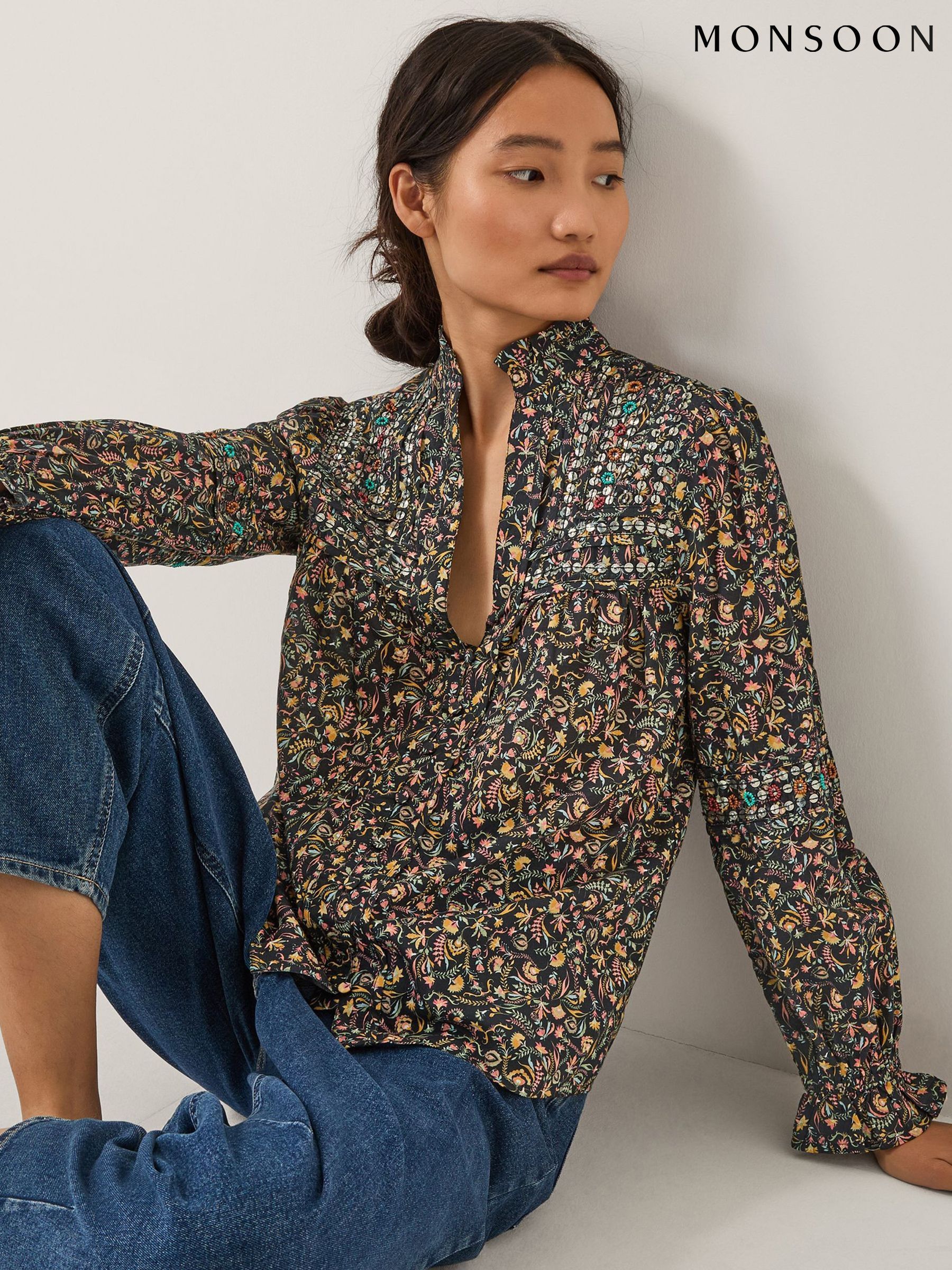 Women's Black Floral Long Sleeve Cotton Tops | Next Oman