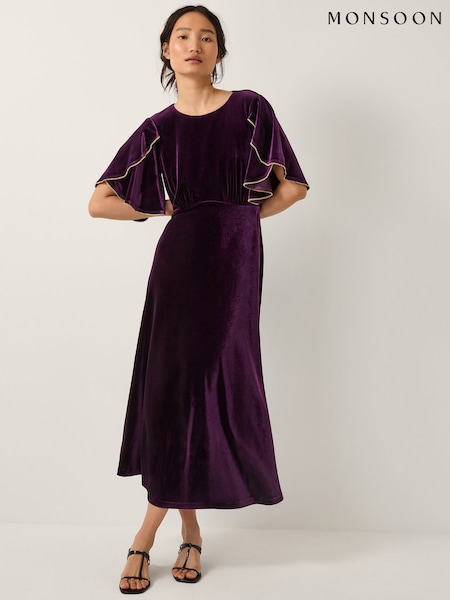 Monsoon Purple Cecelia Velvet Cape Midi Dress (V32052) | AED852