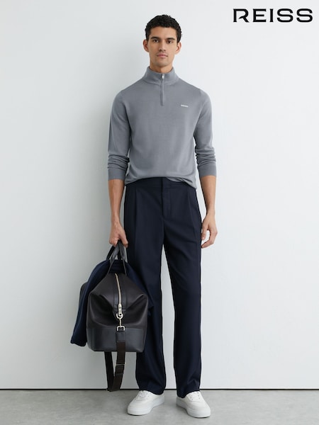 Reiss Steel Blue Osborne Merino Wool Half-Zip Logo Jumper (V32060) | AED706