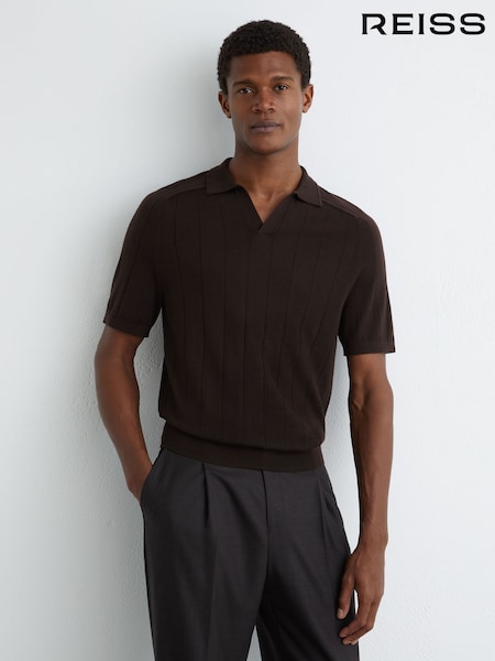 Reiss Chocolate Brown Chelmsford Merino Wool Wide-Rib Polo Jumper (V32077) | kr1 941