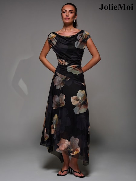 Jolie Moi Black Mesh Asymmetrical Draped Maxi Dress (V32168) | €99