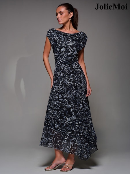 Jolie Moi Black Chrome Mesh Asymmetrical Draped Maxi Dress (V32172) | €95