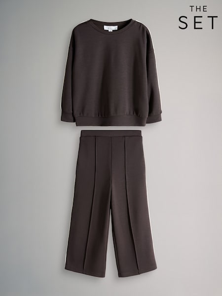The Set Chocolate Brown Modal Jersey Crew and Wide Leg Joggers Set (V32348) | kr314 - kr408