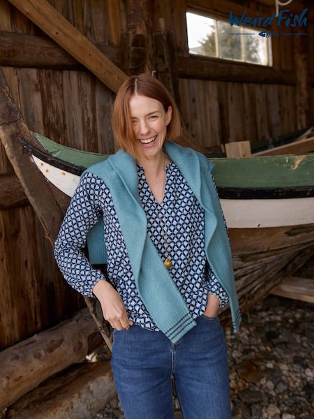 Weird Fish Blue Marl Brooke Printed V-Neck Jersey Blouse (V32399) | 197 QAR