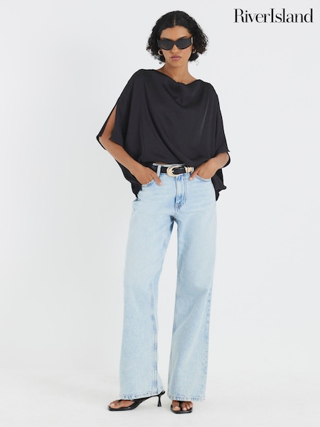 River Island Black Satin Drape Short Sleeve Top (V32435) | €43