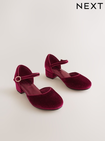 Burgundy Red Velour - Occasion Ankle Strap Low Heel Shoes