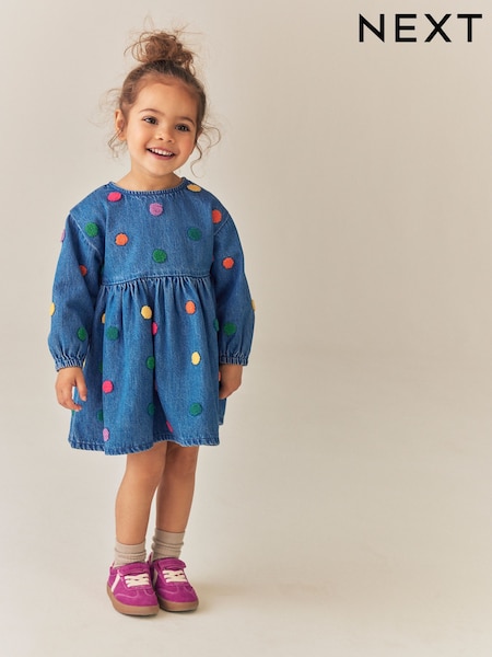 Blue Denim - Long Sleeve Boucle Spot Dress (3mths-8yrs)