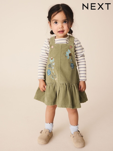 Оливково-зеленые - Long Sleeve Top And Cord Dungaree Dress Set (3mths-8yrs)