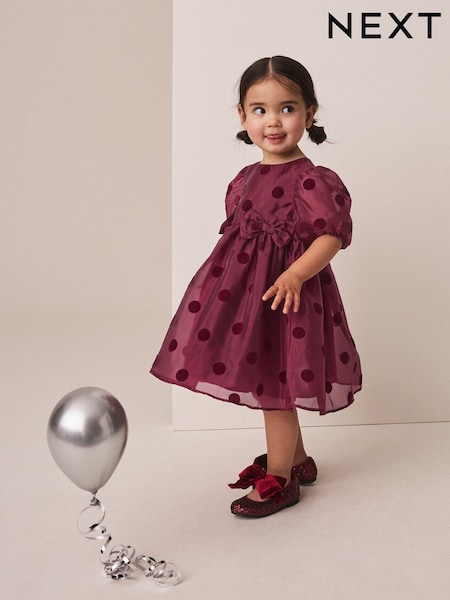 Burgundy Red - Puff Sleeve Bow Detail Occasion Dress (3mths-8yrs)