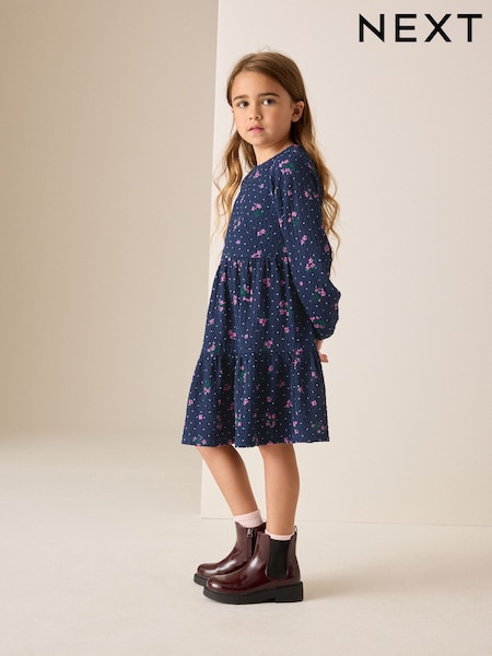Blue/Navy - Long Sleeve Cinkle Jersey Dress (3-16yrs)