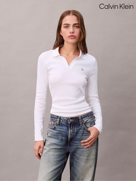 Calvin Klein White Woven Monologo Rib Collared Top (V32801) | €74