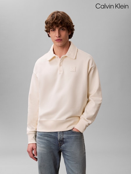 Calvin Klein White Heavy Jersey Logo Long Sleeve Polo Shirt (V32827) | €171