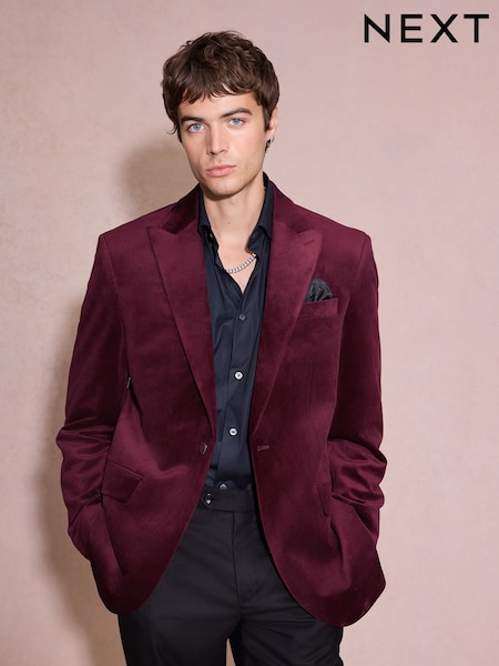 Burgundy Red - Regular Fit Velvet Blazer
