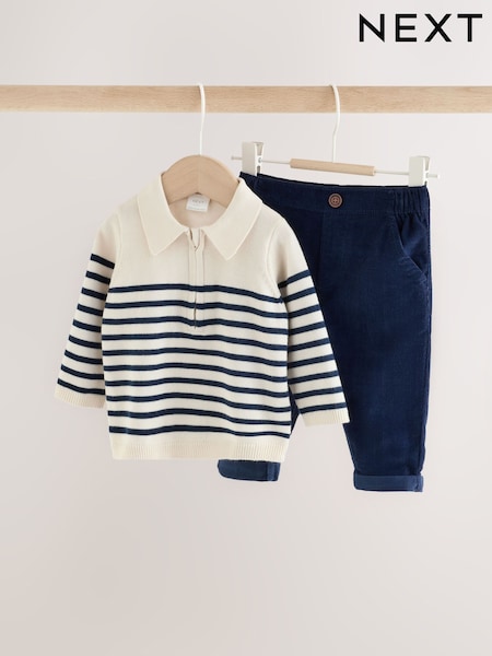 Blue/Cream Stripe - Baby Collared Knitted Top And Trousers Set (0mths-2yrs)