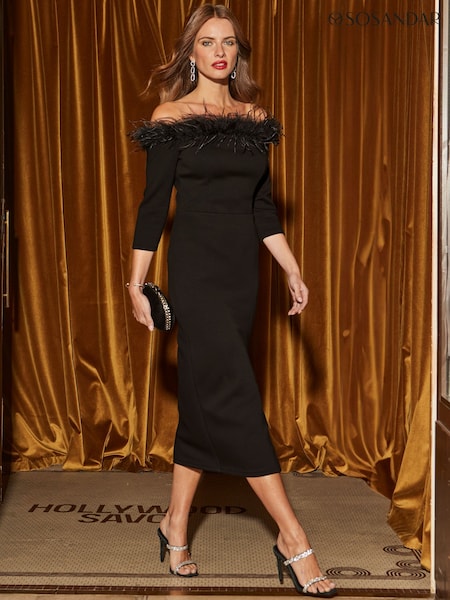 Sosandar Black Feather Trim Bardot Dress (V32989) | €121