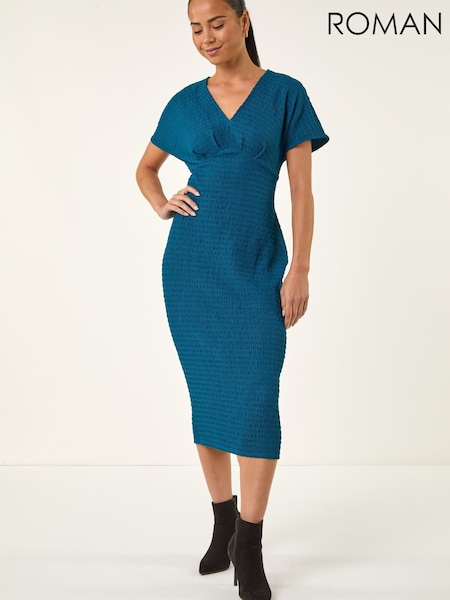 Roman Blue Petite Textured V-Neck Stretch Midi Dress (V34289) | €81