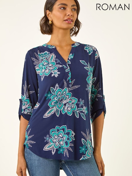 Roman Blue Marl Floral Puff Print Stretch Shirt (V34545) | €53