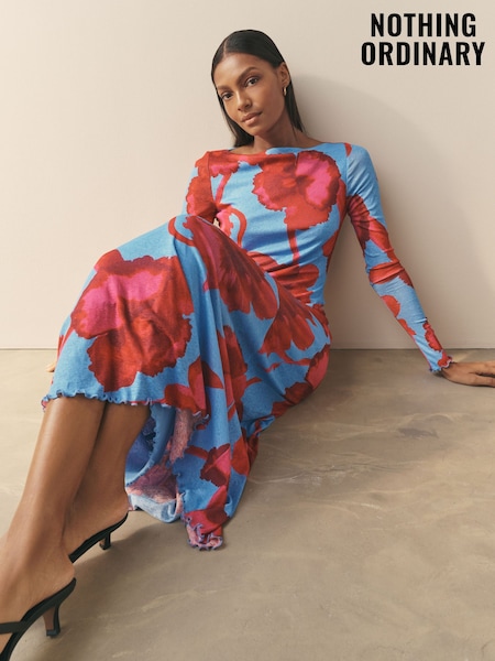 Blomstrete  - Nothing Ordinary Print Mesh Slash Neck Long Sleeve Midi Dress (V34574) | kr1 084