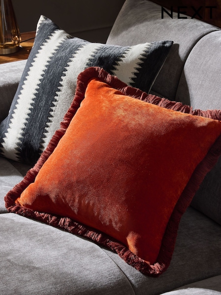 Soft Velour Contrast Fringe Cushion