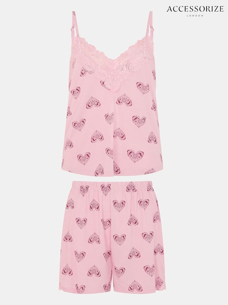 Accessorize Pink Heart Print Lace Trim Short Pyjamas Set (V34971) | AED190