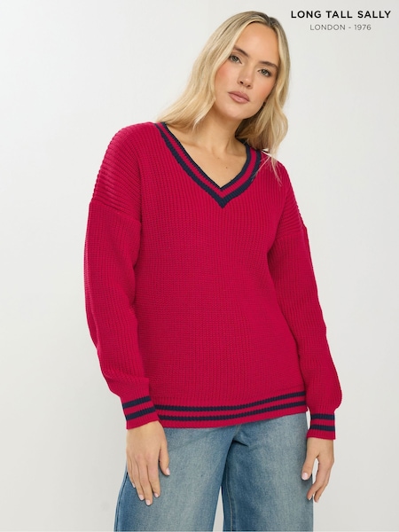 Long Tall Sally Red V-Neck Stripe Jumper (V35605) | OMR21