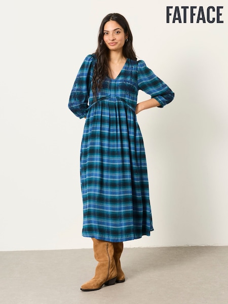 Teal Blue - Fatface Check Midi Dress