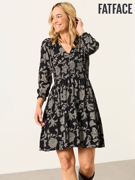 Gepunktet mit floralem Print, Schwarz - Fatface Jersey-Kleid