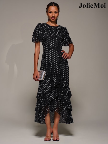 Jolie Moi Black Ruffle Detail Chiffon Midaxi Dress (V36008) | €116