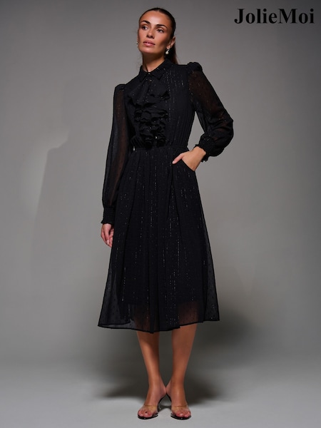 Jolie Moi Black Textured Chiffon Ruffle Shirt Dress (V36011) | €101