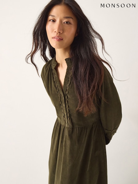 Monsoon Green Zola Ric Rac Corduroy Midi Dress (V36204) | €108