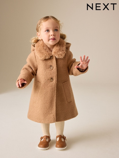 Kamelyo Kayumanggi - Faux Fur Collar Hooded Coat (3mths-7yrs)