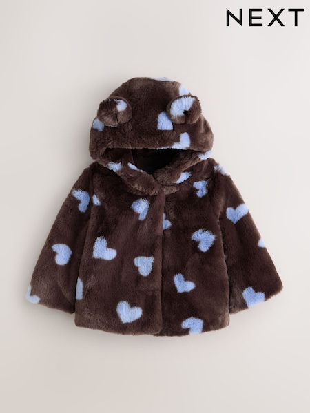 Chocolate Brown Hearts - Faux Fur Hooded Coat (12mths-7yrs)