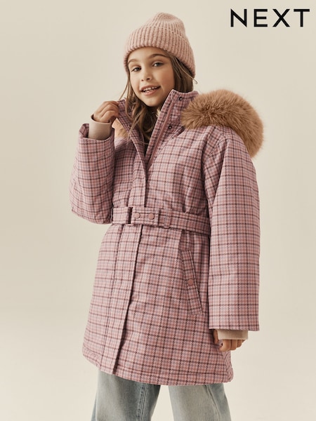 Pink Check - Waterproof Belted Padded Coat (3-16yrs)