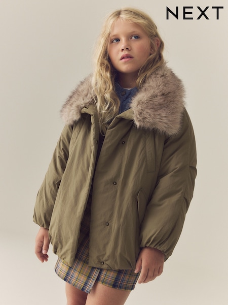 Khaki Green - Shower Resistant Oversized Bomber Jacket With Faux Fur Collar (3-16yrs)