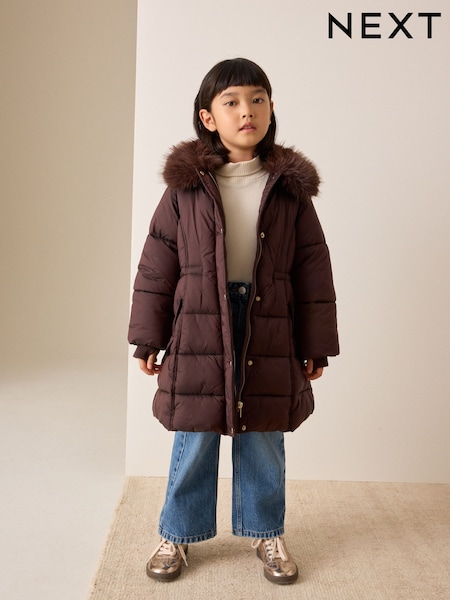 Chocolate Brown - Faux Fur Collar Padded Shower Resistant Coat (3-16yrs)