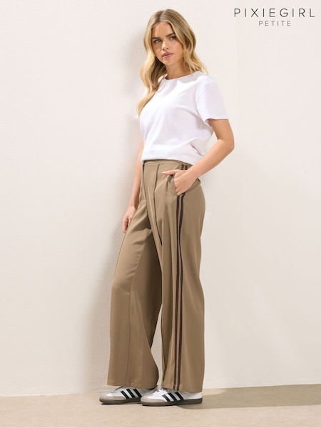 PixieGirl Petite Brown Side Stripe Wide Leg Trousers (V36456) | AED227