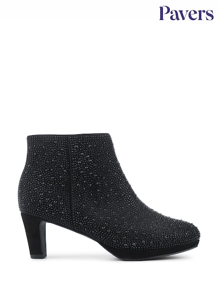 Pavers Black Leather Diamente Kitten Heel Ankle Boots (V36550) | €66.50