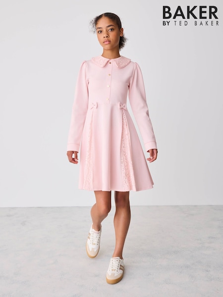 ורוד - Baker By Ted Baker Lace Collar Pleated Ponte Dress