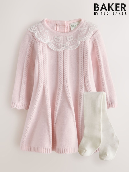 ורוד עדין - Baker By Ted Baker Organza Collar Knitted Dress With Tights