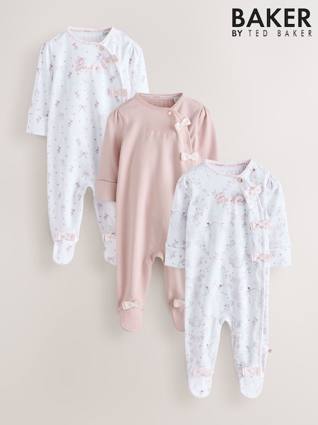 Pale Pink - Baker By Ted Baker Cotton Printed Sleepsuits 3 Pack