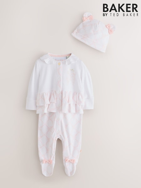 White/Pink - Baker By Ted Baker Peplum Frill Sleepsuit & Hat Set