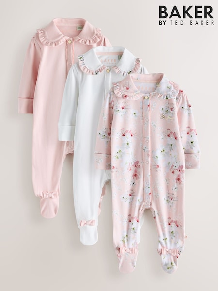 Pink - Baker By Ted Baker Cotton Printed Sleepsuits 3 Pack
