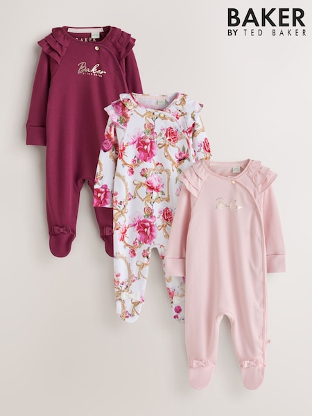 Burgundy Red - Baker By Ted Baker Cotton Printed Sleepsuits 3 Pack